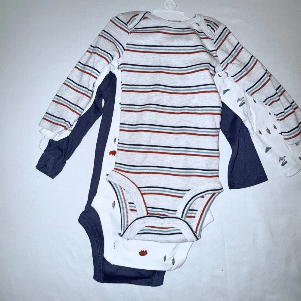Carter's Bodysuit Set Kids 9M Blue White NEW 3-Pack Long Sleeve Bear‎ Outdoor